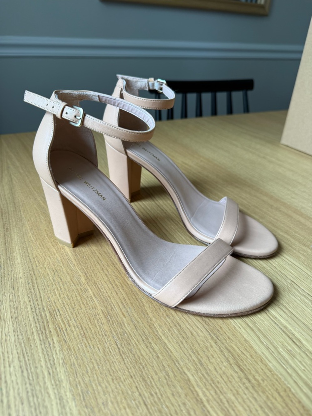 Stuart Weitzman Blush Nude Ankle-Strap Block Heels